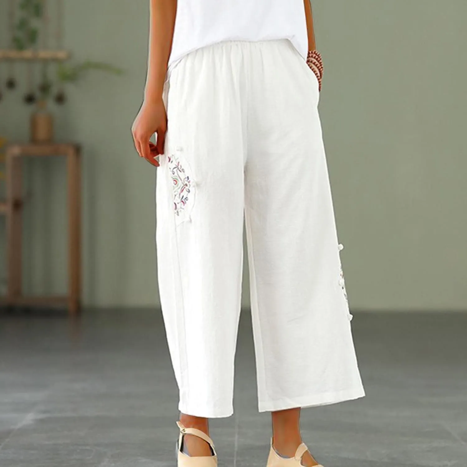 Mzkdieey Womens Wide Leg Capri Pants Mexican Embroidered Peasant Cropped Trousers Cotton Linen High Waist Palazzo Pants