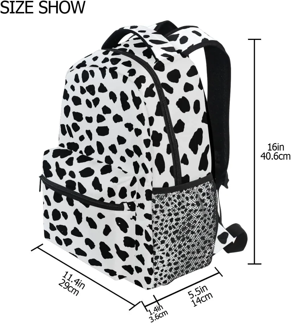 Nerxy Cow Dots Backpack for School - Cow Spots School Backpack White Black Dalmatians Dots School Bag Laptop Book Bag Fits 14 Inch Laptop Rucksack Daypack