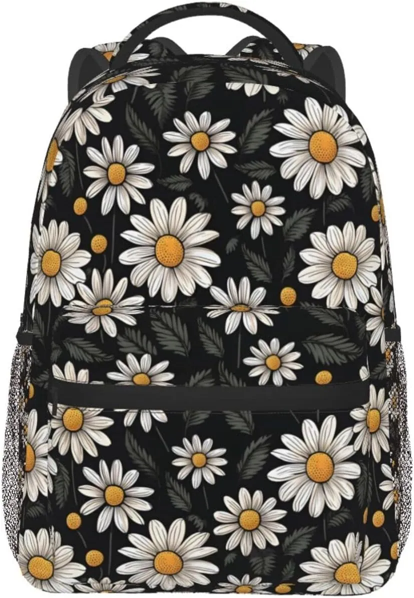 Nerxy Daisy Flowers Backpack for School - Black Floral Backpack Botanical Blossom School Bag Daily Laptop Book Bag Fits 14 Inch Laptop Rucksack Daypack
