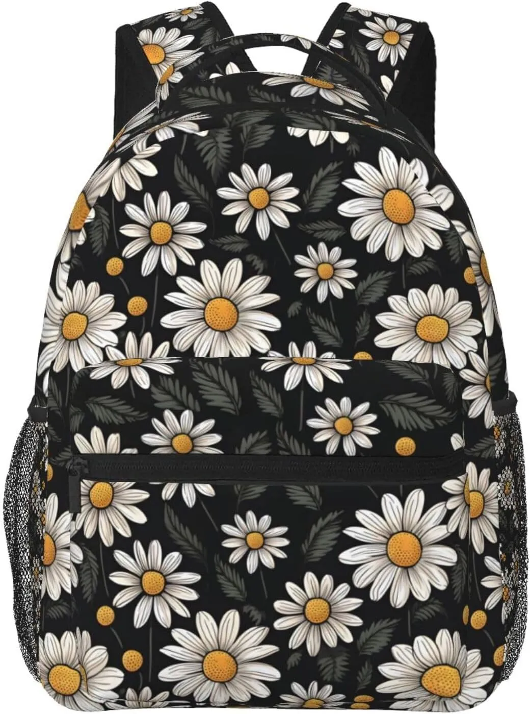 Nerxy Daisy Flowers Backpack for School - Black Floral Backpack Botanical Blossom School Bag Daily Laptop Book Bag Fits 14 Inch Laptop Rucksack Daypack