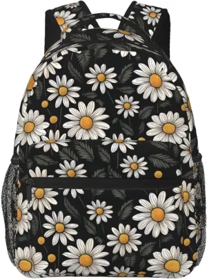 Nerxy Daisy Flowers Backpack for School - Black Floral Backpack Botanical Blossom School Bag Daily Laptop Book Bag Fits 14 Inch Laptop Rucksack Daypack