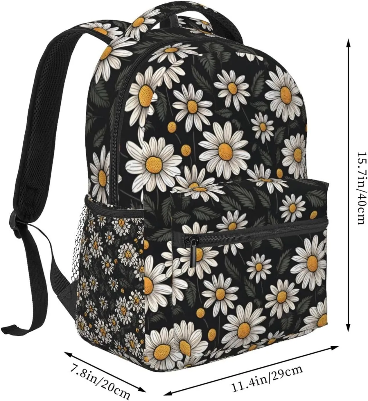 Nerxy Daisy Flowers Backpack for School - Black Floral Backpack Botanical Blossom School Bag Daily Laptop Book Bag Fits 14 Inch Laptop Rucksack Daypack