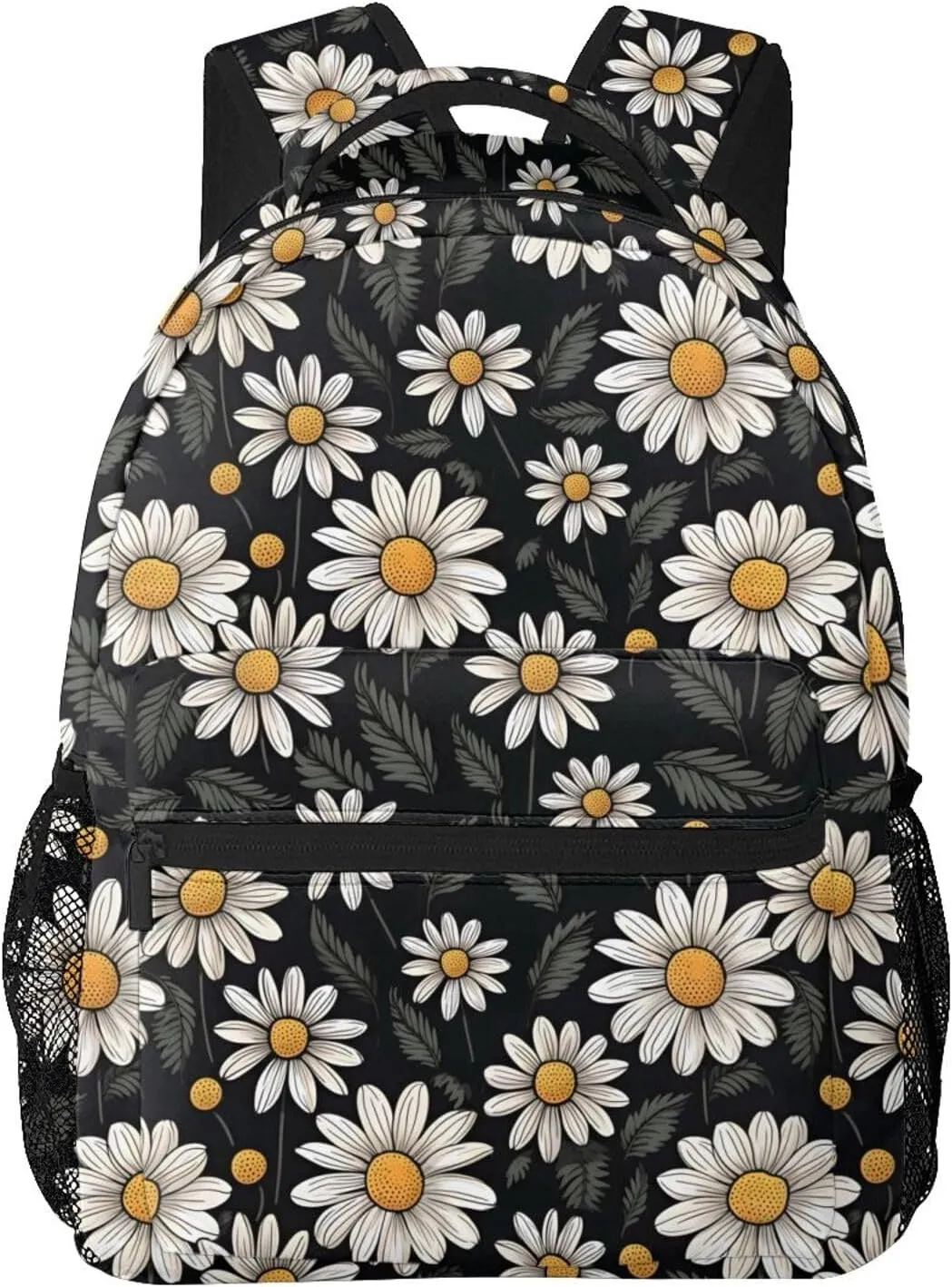 Nerxy Daisy Flowers Backpack for School - Black Floral Backpack Botanical Blossom School Bag Daily Laptop Book Bag Fits 14 Inch Laptop Rucksack Daypack