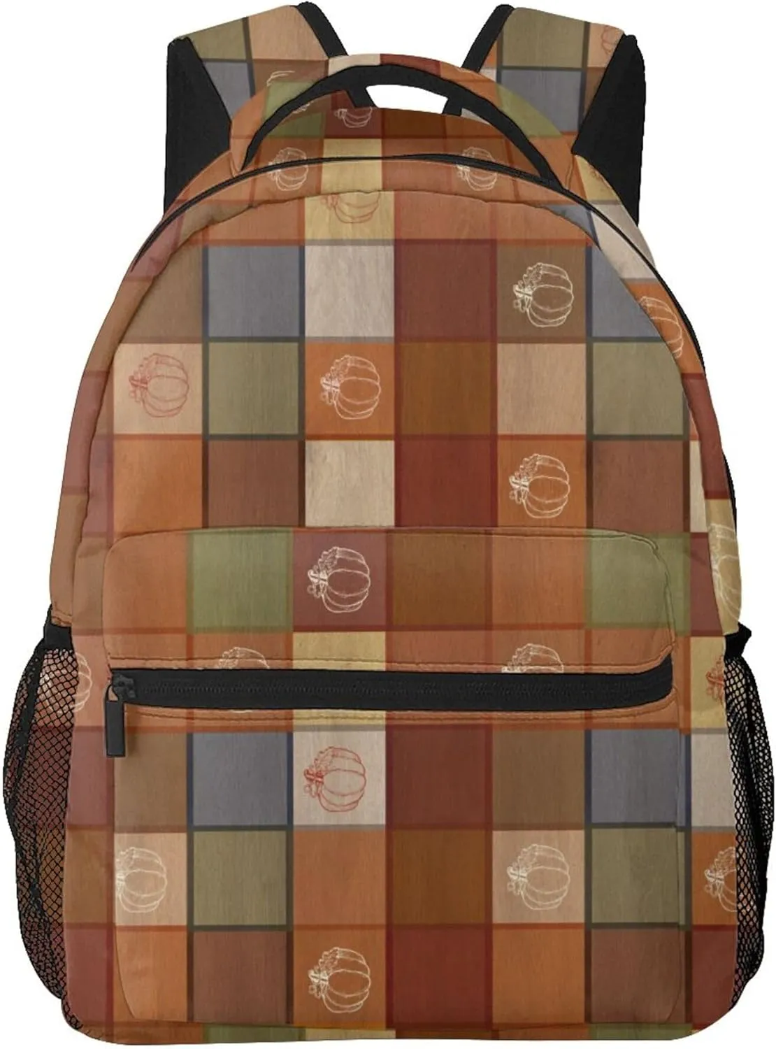 Nerxy Fall Pumpkin Backpack for School - Buffalo Plaid Backpack Wooden Pumpkins School Bag Wood Daily Laptop Book Bag Rucksack Daypack
