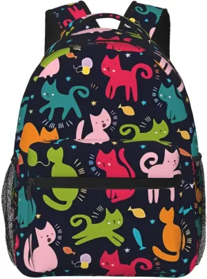 Nerxy Kitty Cat Backpack for School - Happy Cats with Fish School Backpack Colorful Kitten Pet School Bag Laptop Book Bag Fits 14 Inch Laptop Rucksack Daypack
