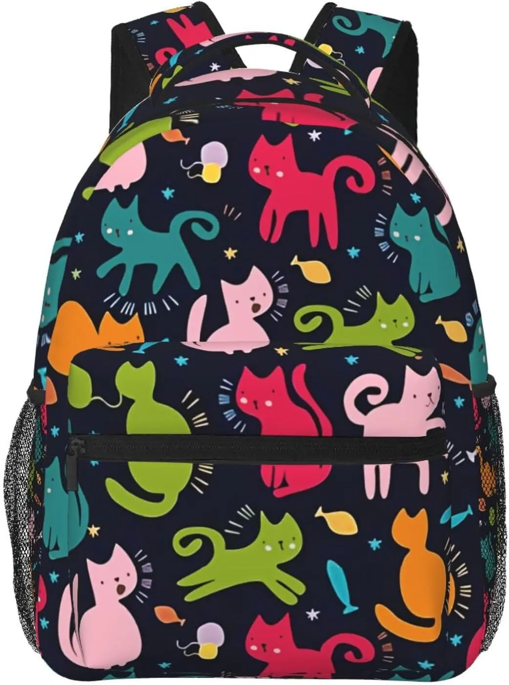 Nerxy Kitty Cat Backpack for School - Happy Cats with Fish School Backpack Colorful Kitten Pet School Bag Laptop Book Bag Fits 14 Inch Laptop Rucksack Daypack