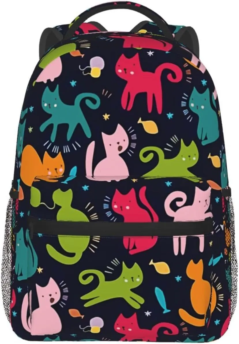Nerxy Kitty Cat Backpack for School - Happy Cats with Fish School Backpack Colorful Kitten Pet School Bag Laptop Book Bag Fits 14 Inch Laptop Rucksack Daypack