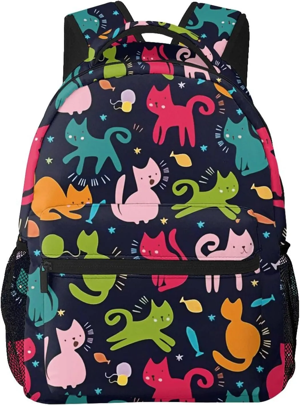 Nerxy Kitty Cat Backpack for School - Happy Cats with Fish School Backpack Colorful Kitten Pet School Bag Laptop Book Bag Fits 14 Inch Laptop Rucksack Daypack
