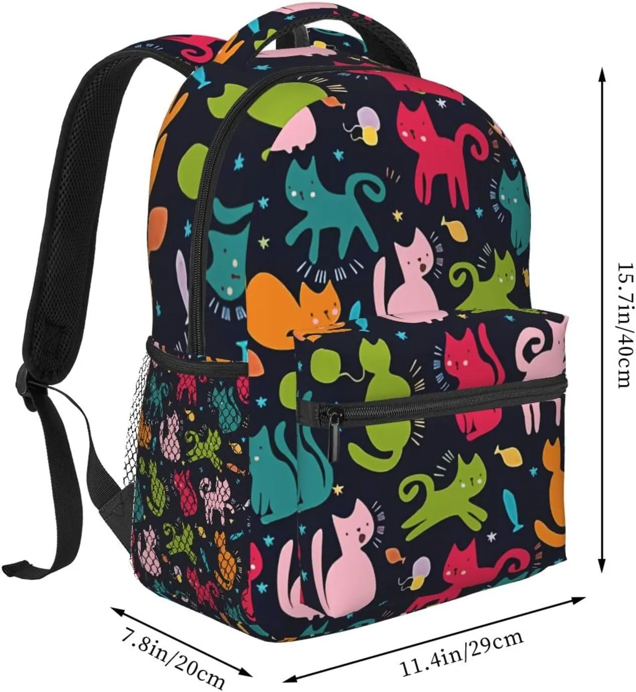 Nerxy Kitty Cat Backpack for School - Happy Cats with Fish School Backpack Colorful Kitten Pet School Bag Laptop Book Bag Fits 14 Inch Laptop Rucksack Daypack