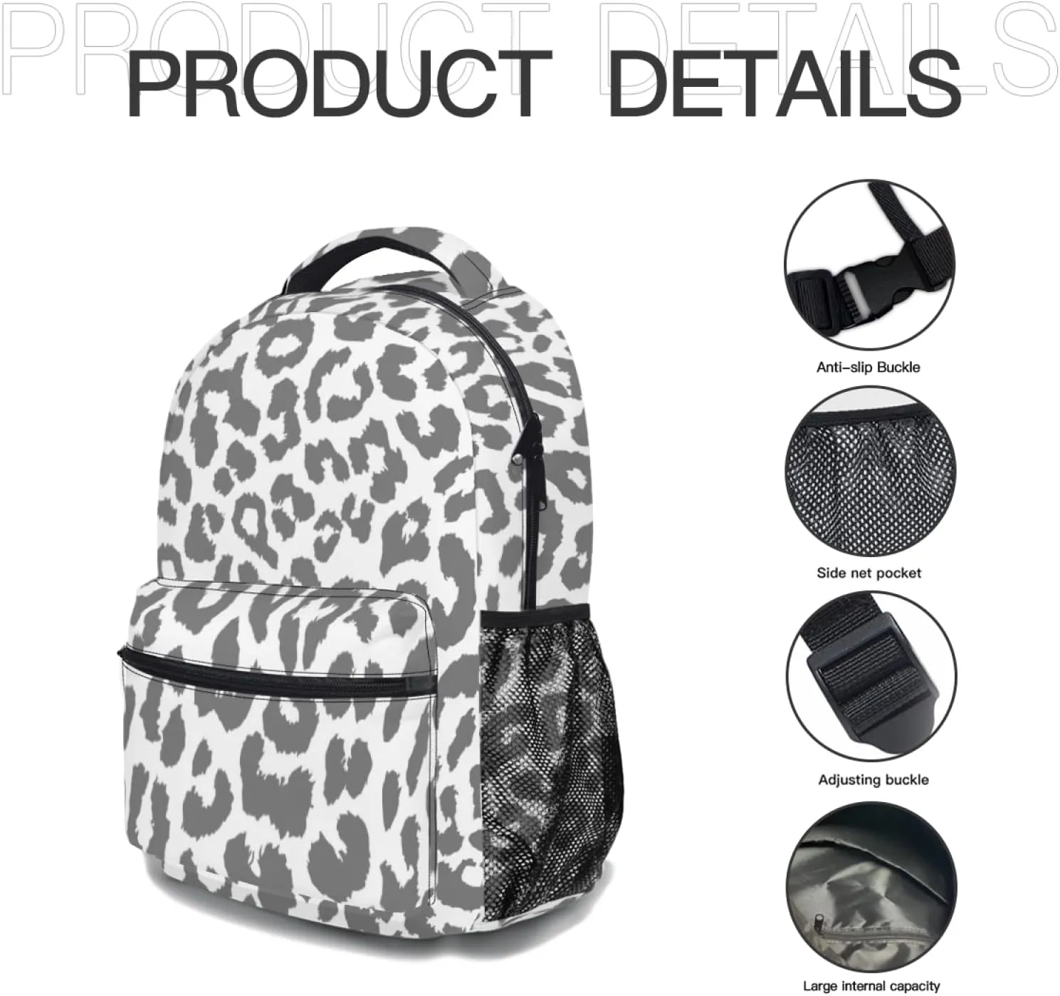 Nerxy Snow Leopard Backpack for School - Cheetah Spots School Backpack White White Grey Animal Skin School Bag Laptop Book Bag Fits 14 Inch Laptop Rucksack Daypack