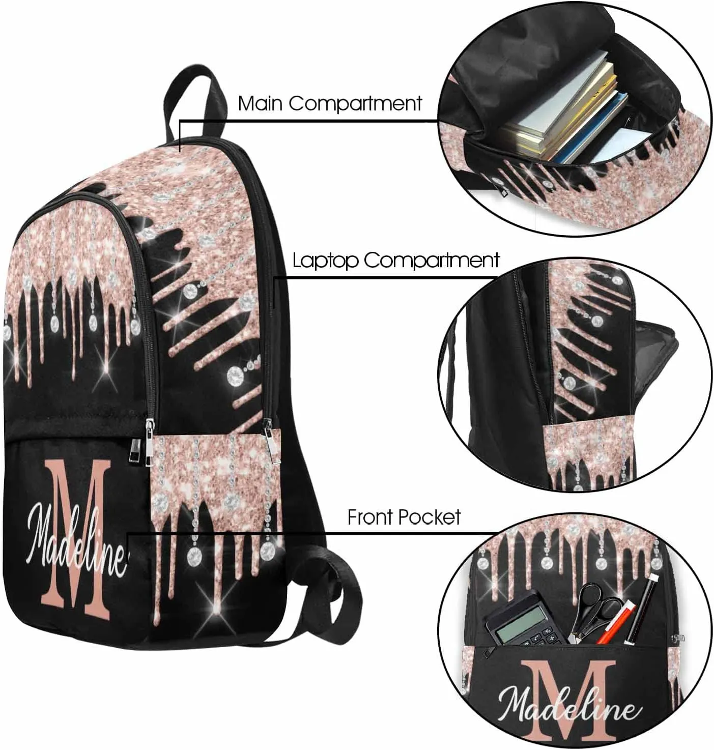 Personalized Casual Unisex Daypack Bags Backpack Rose Glitter Elephant Travel Bookbags Travel Shoulder Casual Daypack to Sister Brother