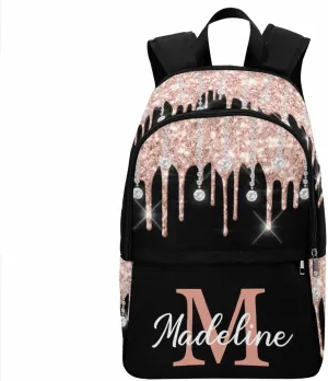 Personalized Casual Unisex Daypack Bags Backpack Rose Glitter Elephant Travel Bookbags Travel Shoulder Casual Daypack to Sister Brother
