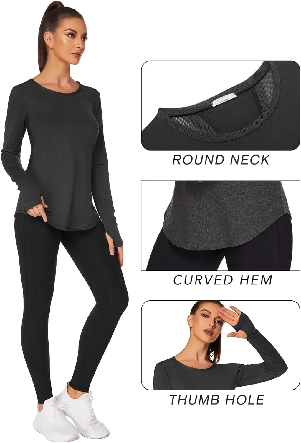 PINSPARK Long Sleeve Workout Tops for Women Yoga Shirts Moisture Wicking Gym Top Athletic Clothes with Thumbholes