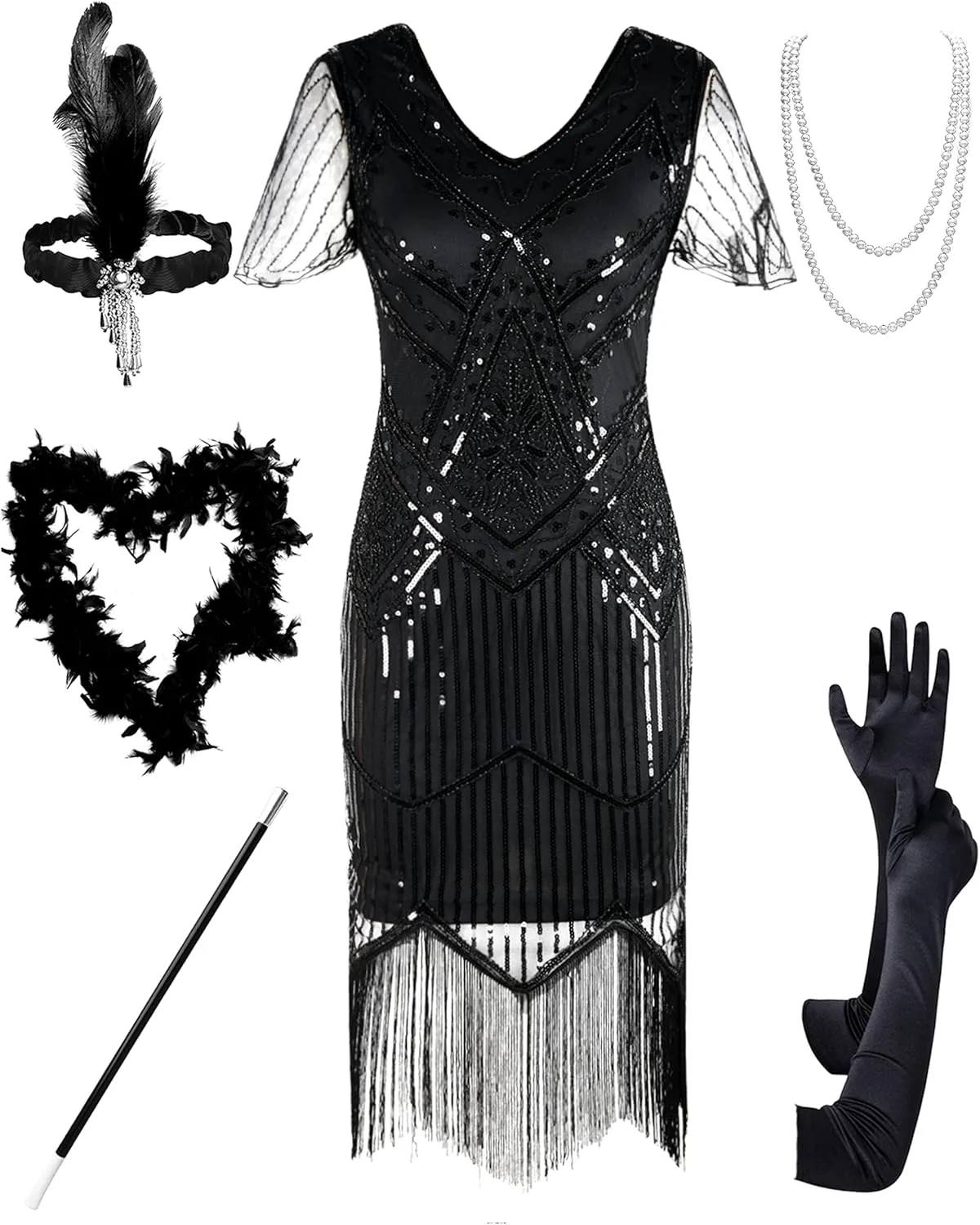 PrettyGuide Women's 1920s Flapper Dress Short Sleeve Glitter Sequin Inspired Fringed Party Cocktail Dresses