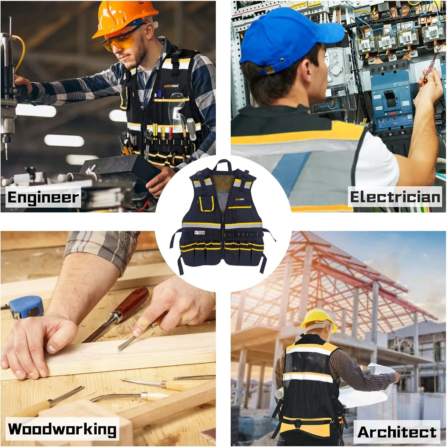 Reflective Safety Tool Vest with Multi-pockets and Zipper,Heavy Duty Tool Vest for Electricians Carpenter