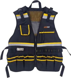 Reflective Safety Tool Vest with Multi-pockets and Zipper,Heavy Duty Tool Vest for Electricians Carpenter