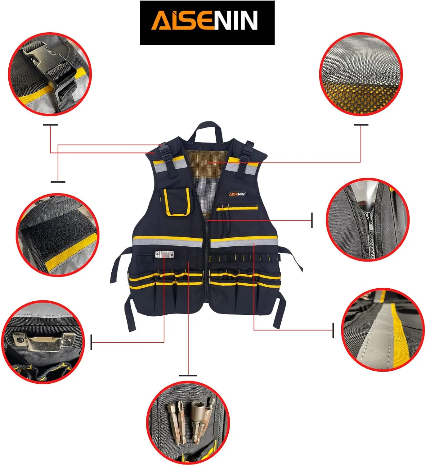 Reflective Safety Tool Vest with Multi-pockets and Zipper,Heavy Duty Tool Vest for Electricians Carpenter