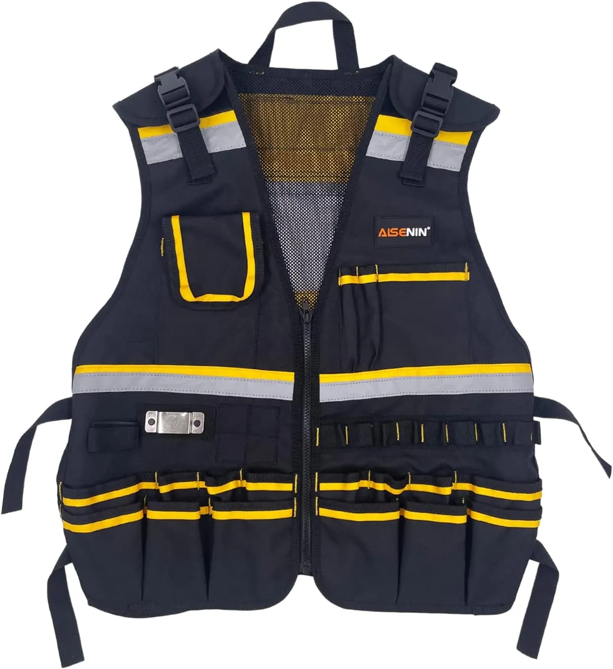 Reflective Safety Tool Vest with Multi-pockets and Zipper,Heavy Duty Tool Vest for Electricians Carpenter