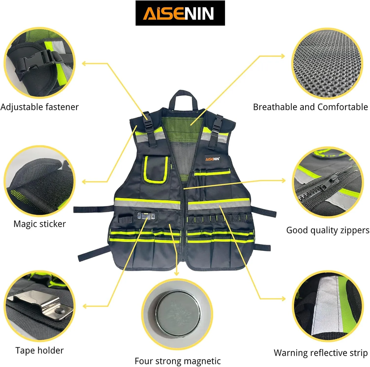 Reflective Safety Tool Vest with Multi-pockets and Zipper,Heavy Duty Tool Vest for Electricians Carpenter