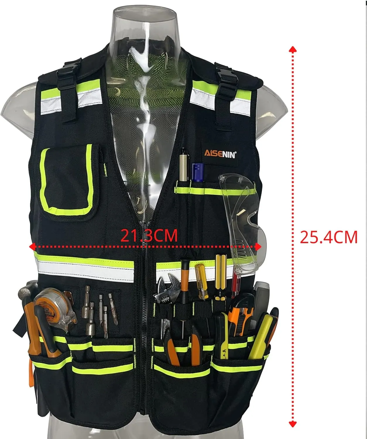Reflective Safety Tool Vest with Multi-pockets and Zipper,Heavy Duty Tool Vest for Electricians Carpenter
