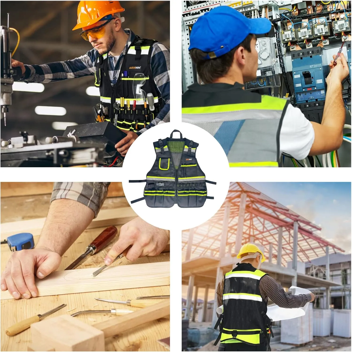 Reflective Safety Tool Vest with Multi-pockets and Zipper,Heavy Duty Tool Vest for Electricians Carpenter