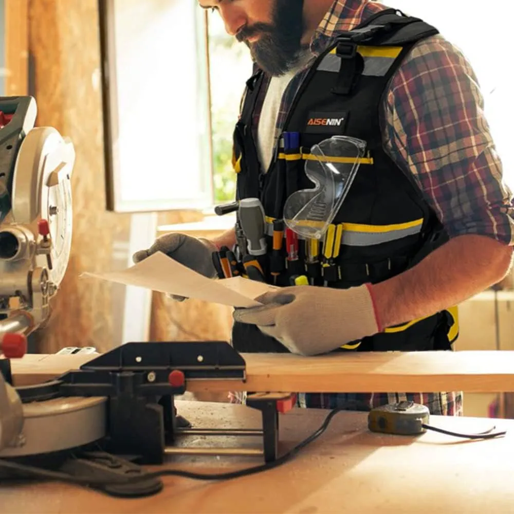 Reflective Safety Tool Vest with Multi-pockets and Zipper,Heavy Duty Tool Vest for Electricians Carpenter