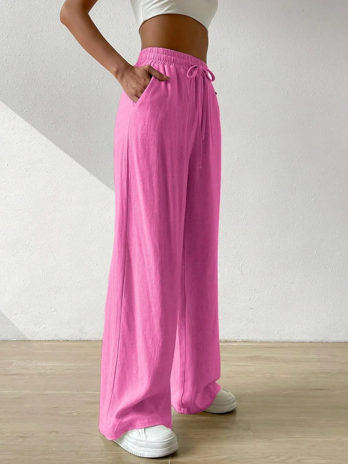 SECOLI Women Causal High Waist Wide Leg Pants Drawstring Waist Wide Leg Pants