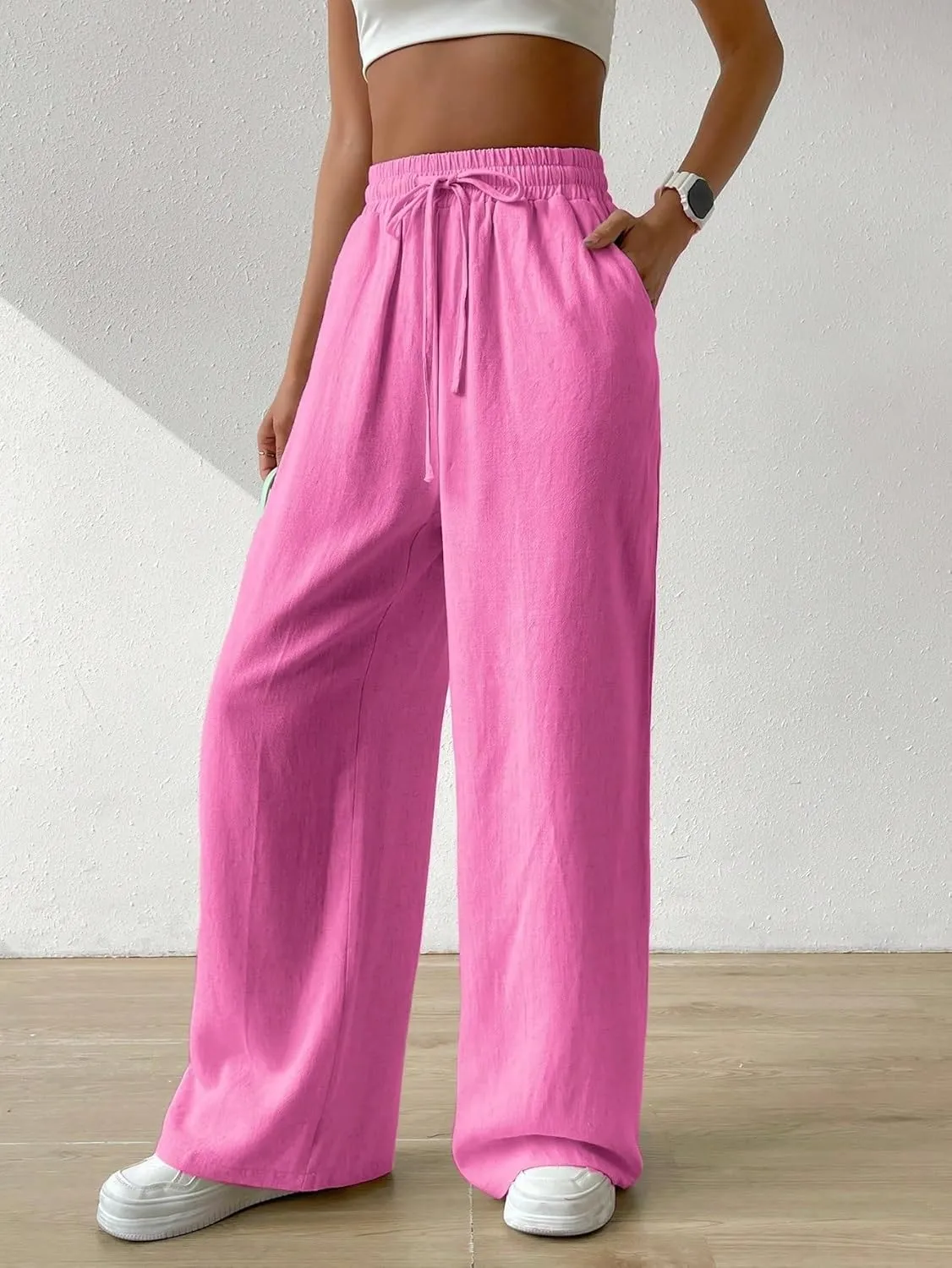 SECOLI Women Causal High Waist Wide Leg Pants Drawstring Waist Wide Leg Pants