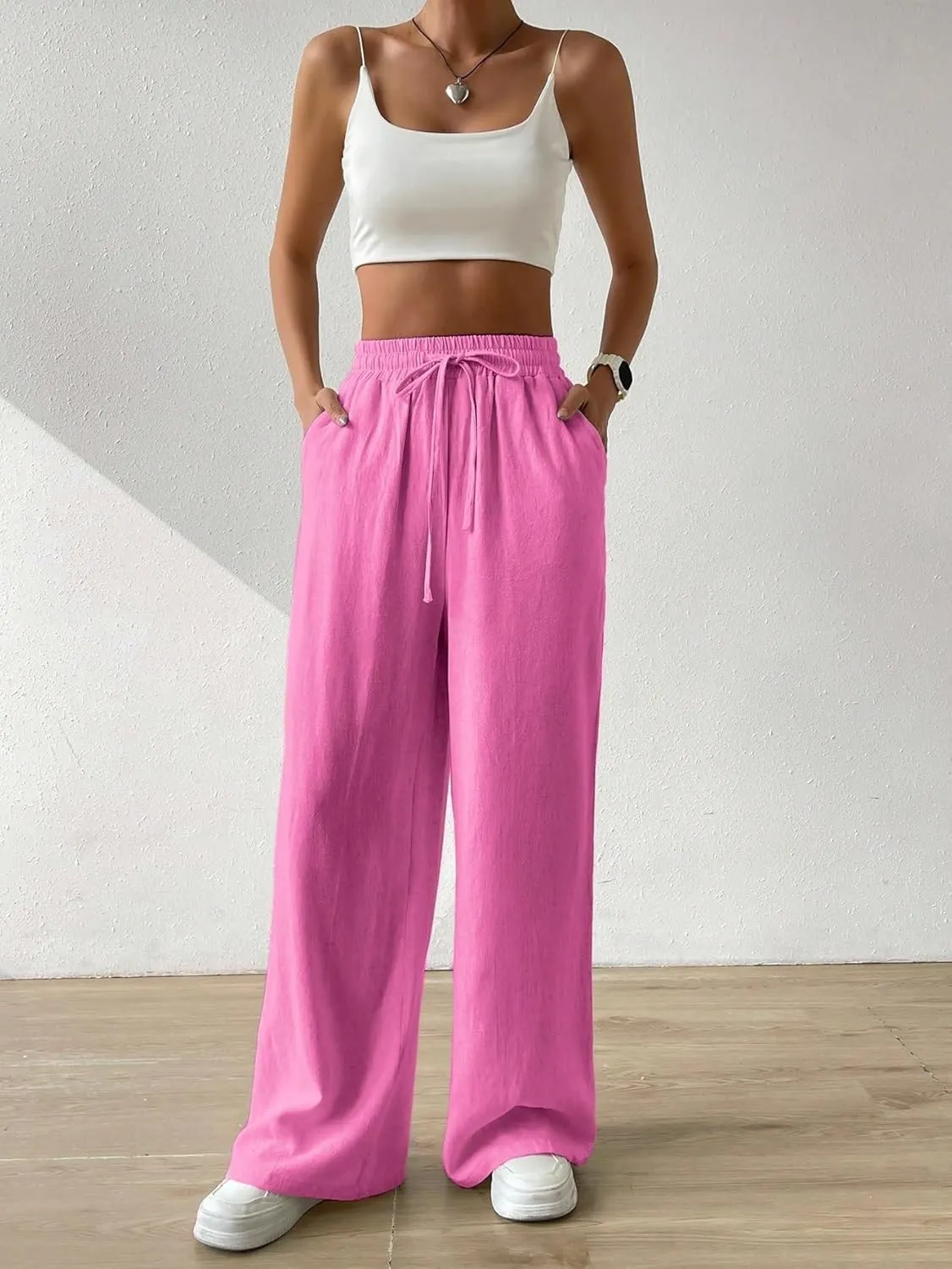 SECOLI Women Causal High Waist Wide Leg Pants Drawstring Waist Wide Leg Pants