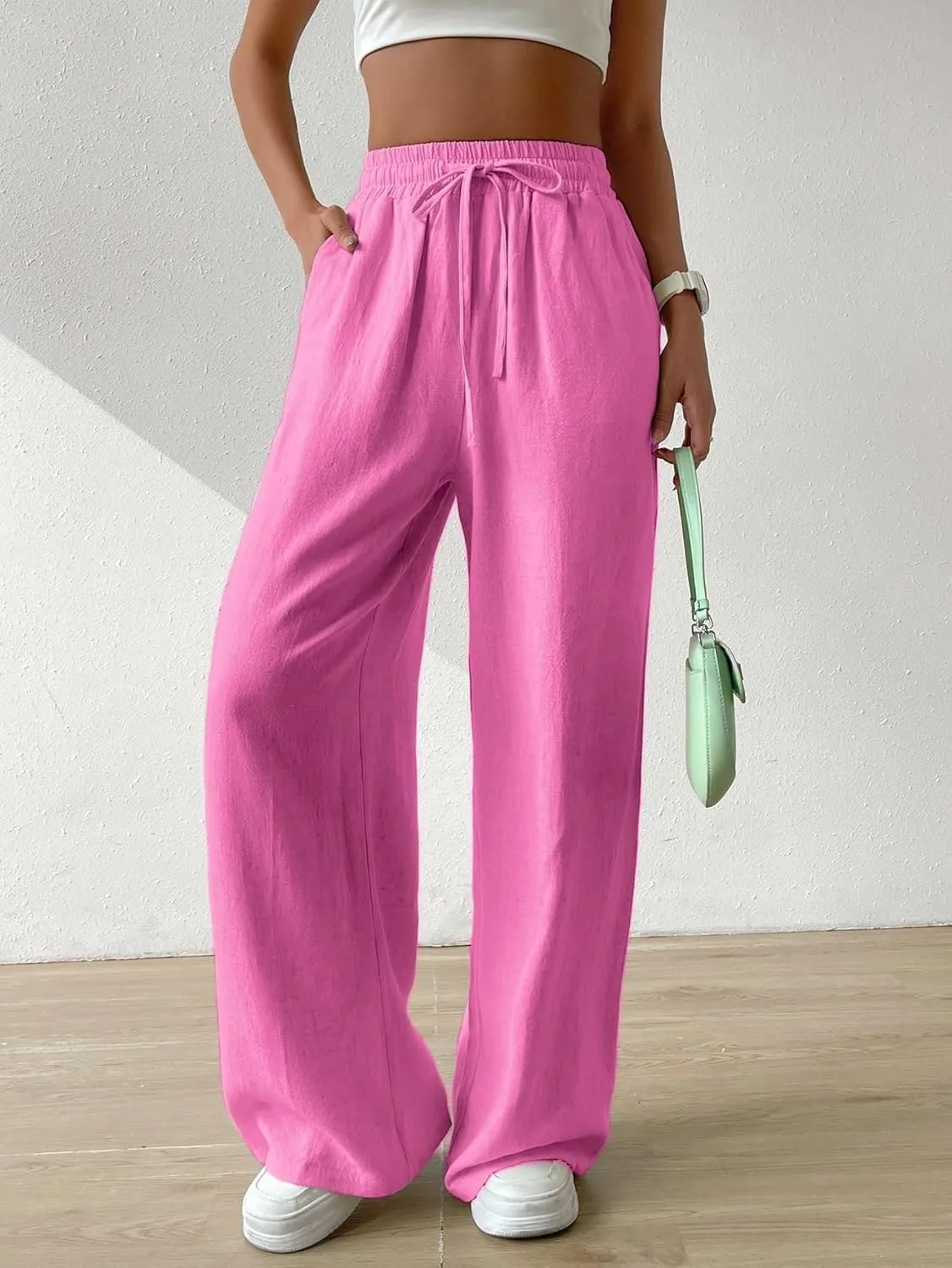 SECOLI Women Causal High Waist Wide Leg Pants Drawstring Waist Wide Leg Pants