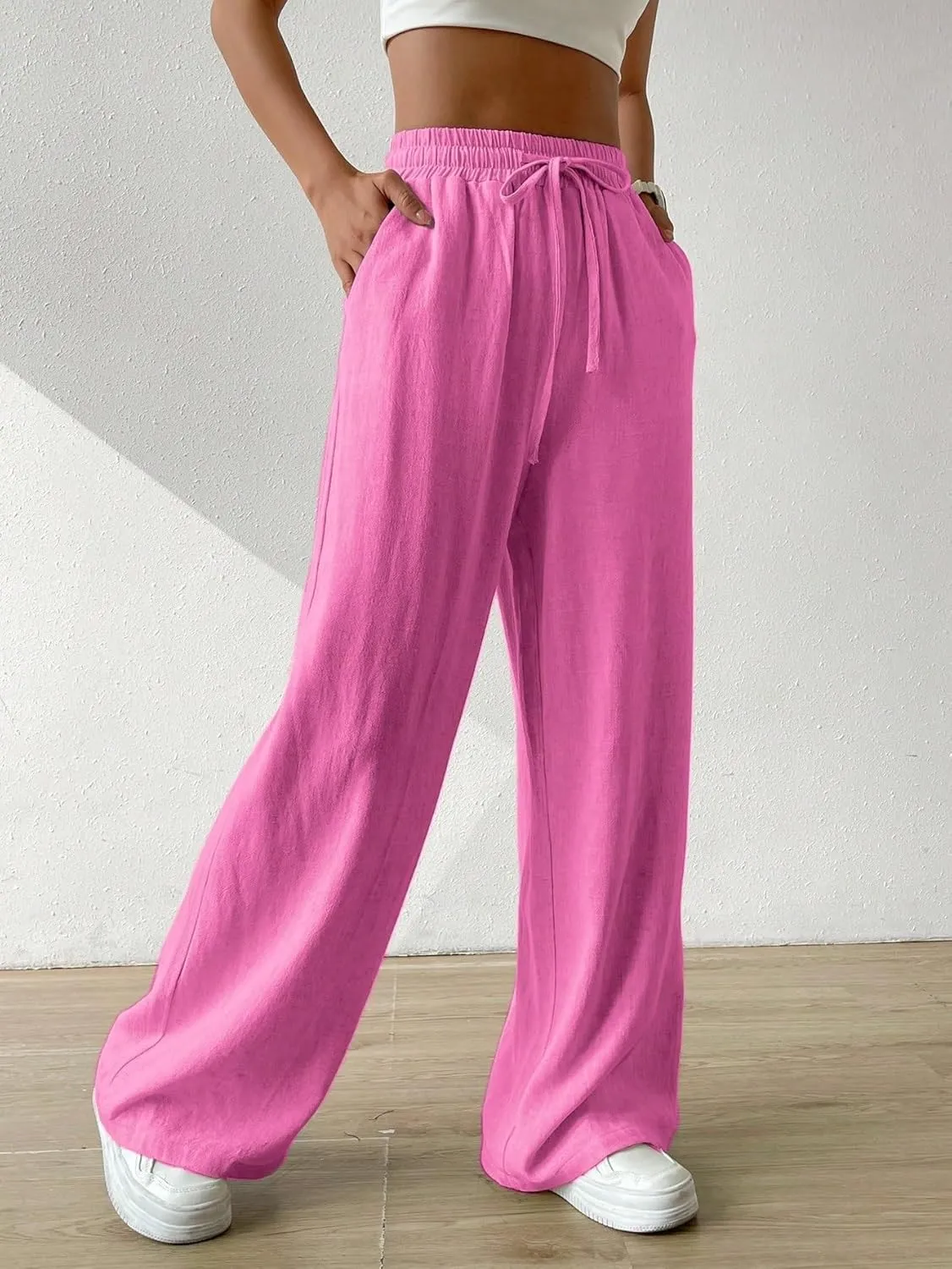 SECOLI Women Causal High Waist Wide Leg Pants Drawstring Waist Wide Leg Pants