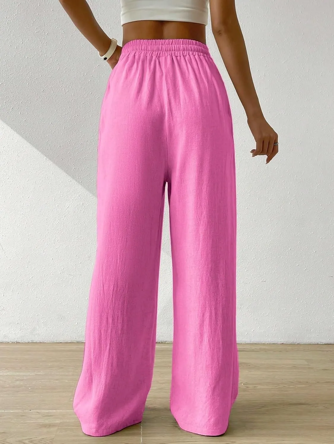 SECOLI Women Causal High Waist Wide Leg Pants Drawstring Waist Wide Leg Pants