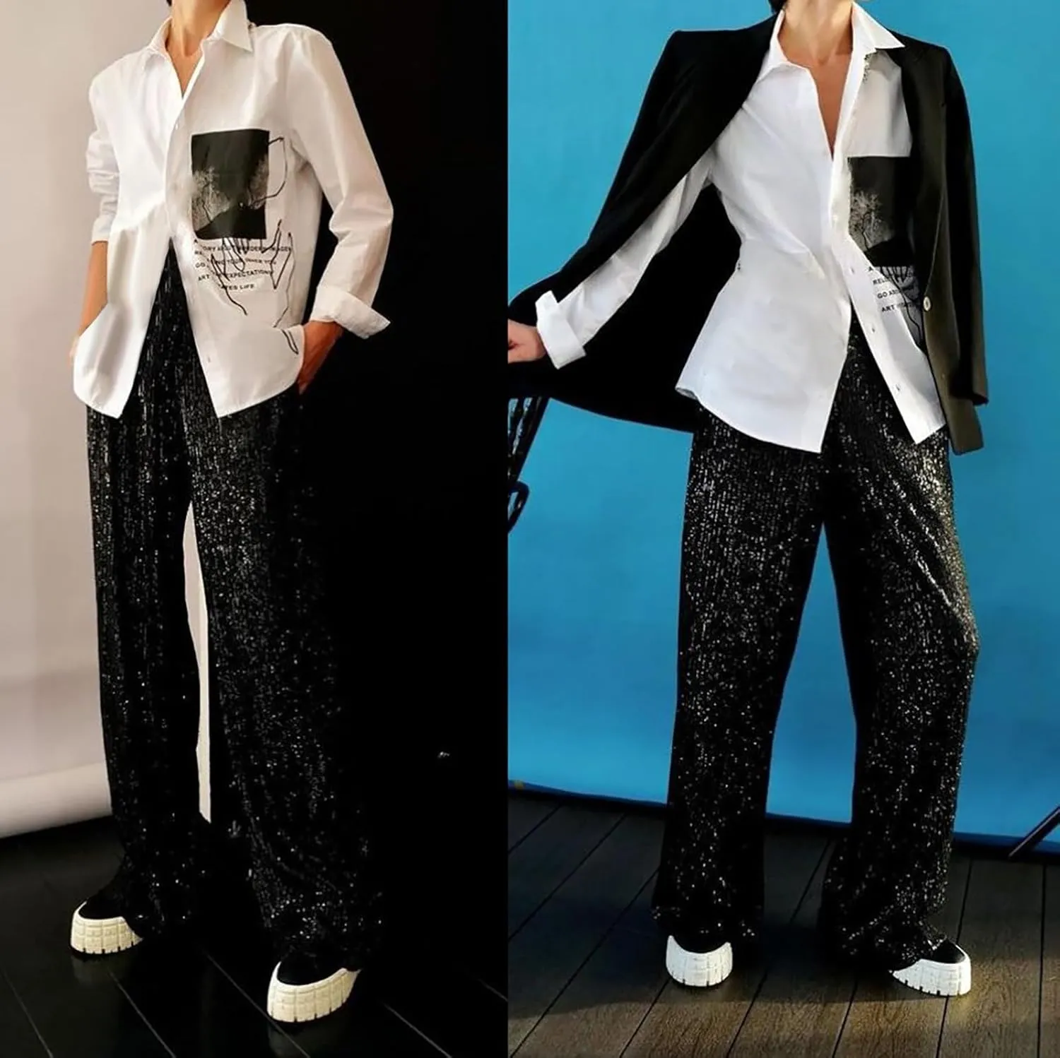 Sequin Pants for Women High Waisted Fashion Glitter Flare Bell Bottom Stretchy Casual Loose Night Party Wide Leg Trousers