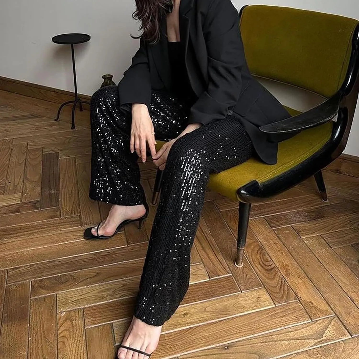 Sequin Pants for Women High Waisted Fashion Glitter Flare Bell Bottom Stretchy Casual Loose Night Party Wide Leg Trousers