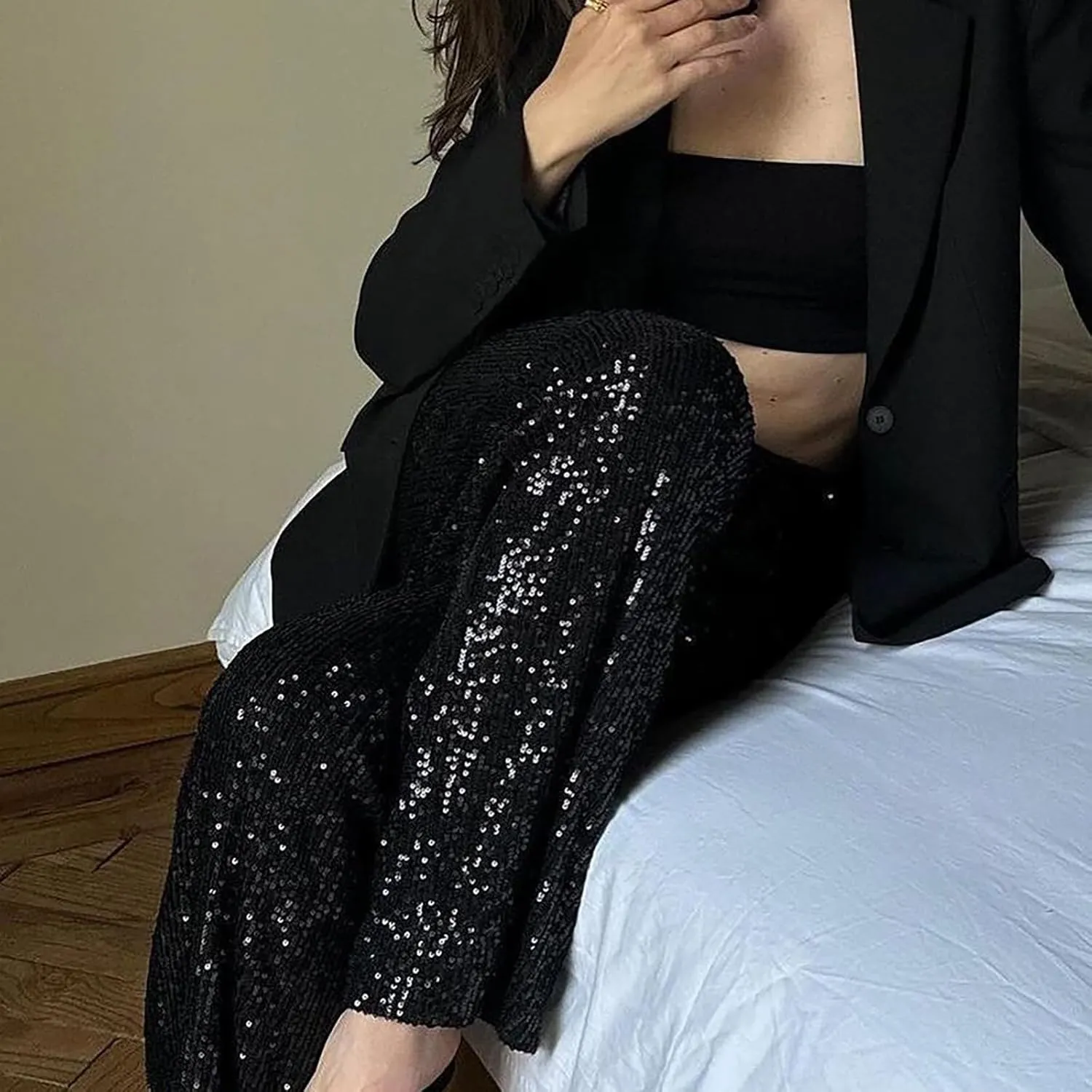 Sequin Pants for Women High Waisted Fashion Glitter Flare Bell Bottom Stretchy Casual Loose Night Party Wide Leg Trousers