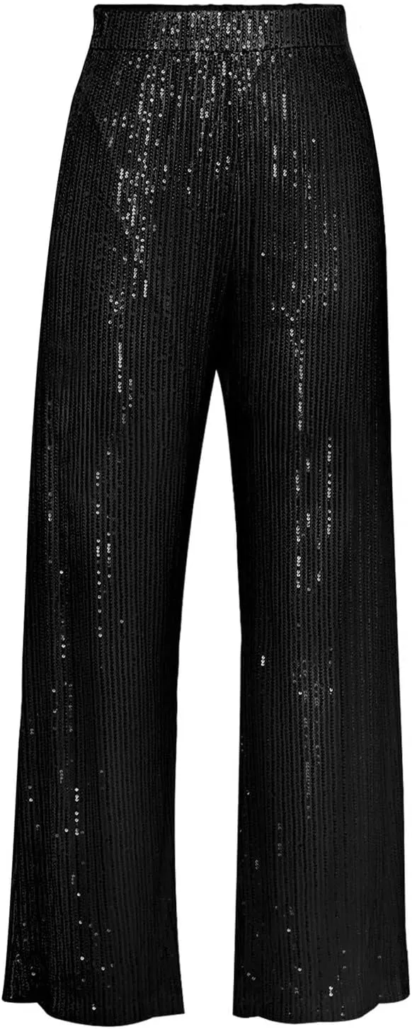 Sequin Pants for Women High Waisted Fashion Glitter Flare Bell Bottom Stretchy Casual Loose Night Party Wide Leg Trousers