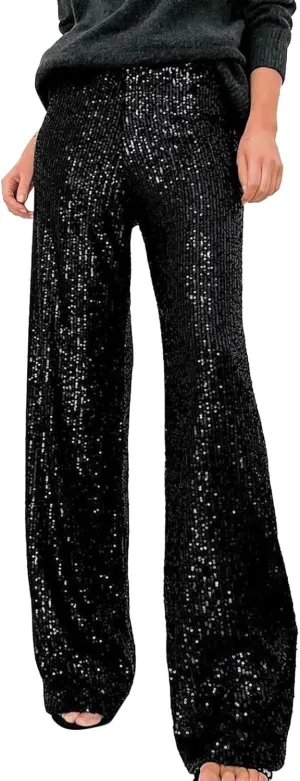 Sequin Pants for Women High Waisted Fashion Glitter Flare Bell Bottom Stretchy Casual Loose Night Party Wide Leg Trousers