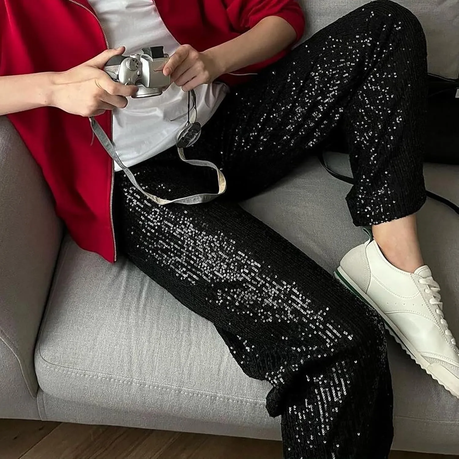 Sequin Pants for Women High Waisted Fashion Glitter Flare Bell Bottom Stretchy Casual Loose Night Party Wide Leg Trousers