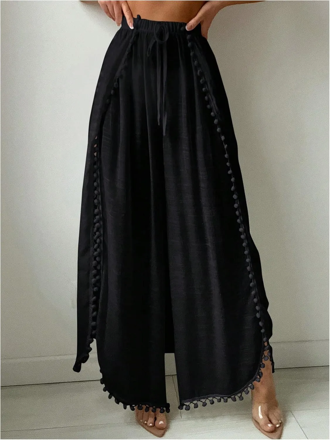 SHENHE Women's Bathing Suit Cover Up Pants Split Wide Leg Sheer Flowy Beach Palazzo Pants