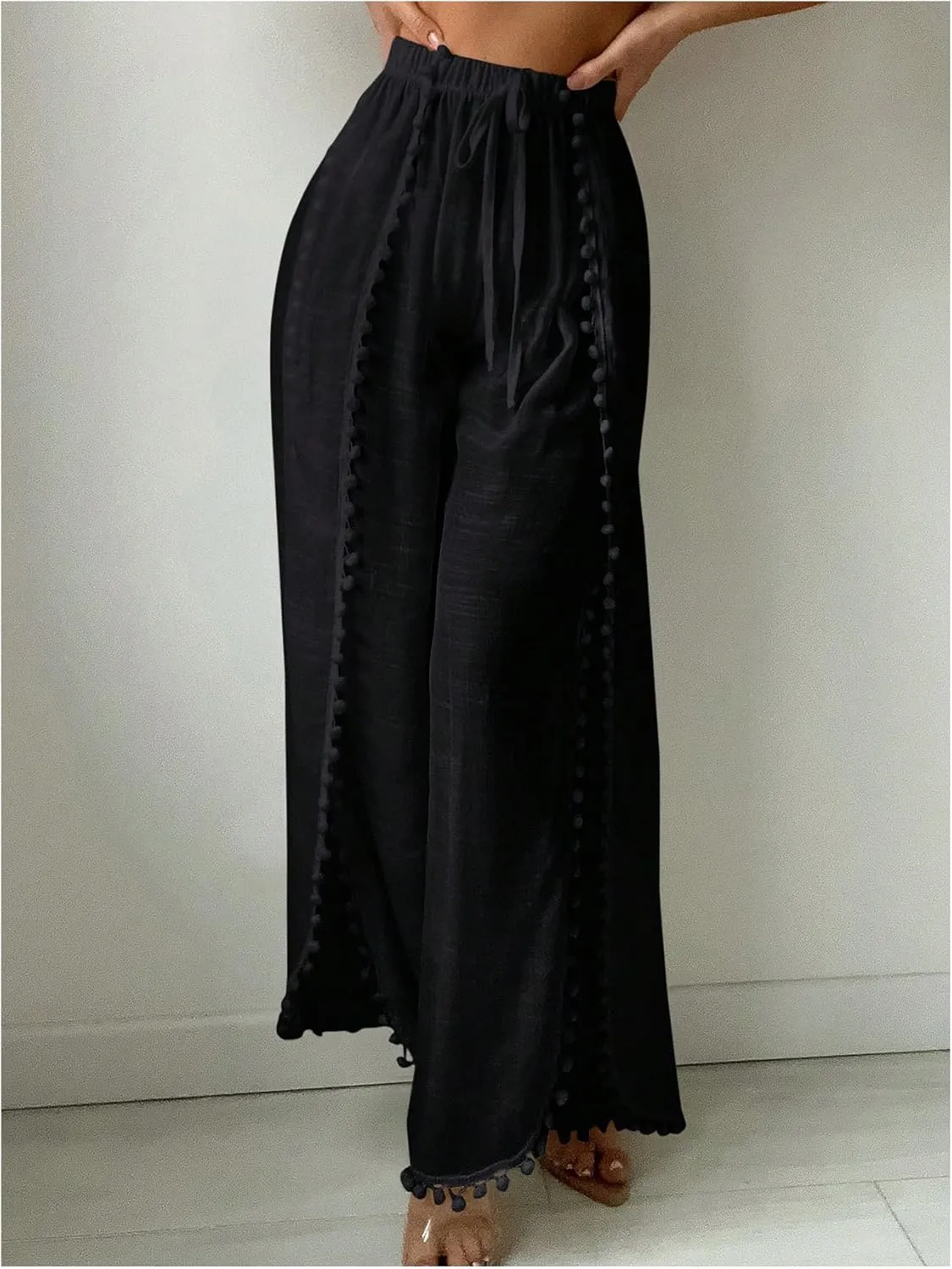 SHENHE Women's Bathing Suit Cover Up Pants Split Wide Leg Sheer Flowy Beach Palazzo Pants