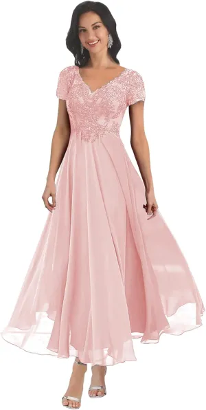 Short Sleeve Mother of The Bride Dresses Tea Length for Women Lace Chiffon Wedding Evening Party Gown
