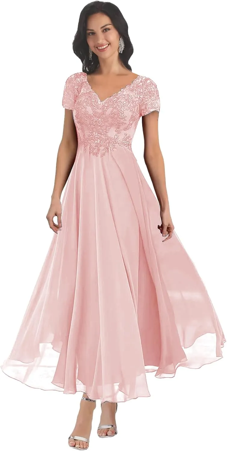 Short Sleeve Mother of The Bride Dresses Tea Length for Women Lace Chiffon Wedding Evening Party Gown