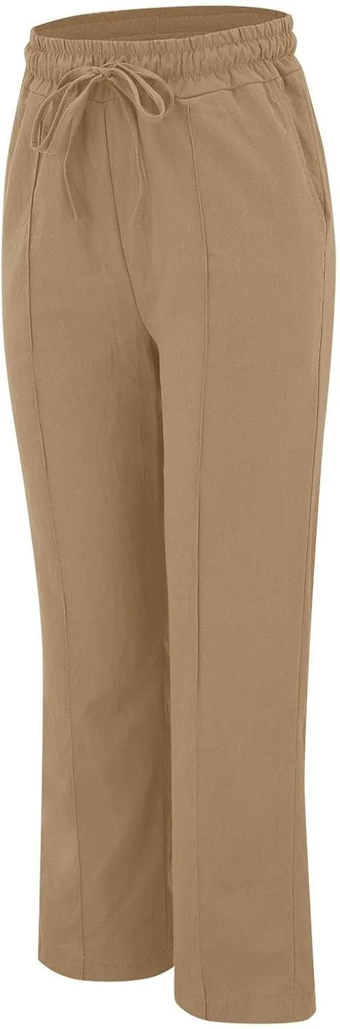 Straight Wide Leg Linen Pants for Women Elastic Drawstring High Waisted Summer Casual Pants Loose Boho Beach Trousers