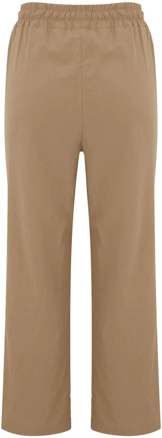 Straight Wide Leg Linen Pants for Women Elastic Drawstring High Waisted Summer Casual Pants Loose Boho Beach Trousers
