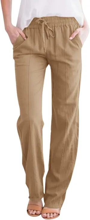 Straight Wide Leg Linen Pants for Women Elastic Drawstring High Waisted Summer Casual Pants Loose Boho Beach Trousers