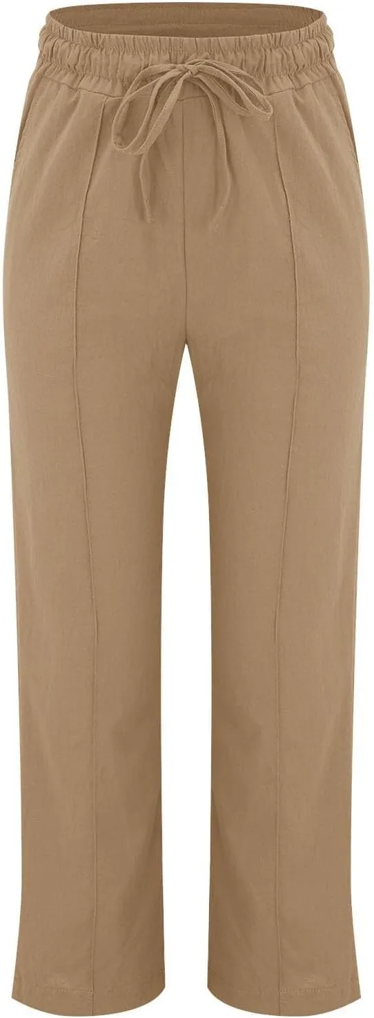 Straight Wide Leg Linen Pants for Women Elastic Drawstring High Waisted Summer Casual Pants Loose Boho Beach Trousers