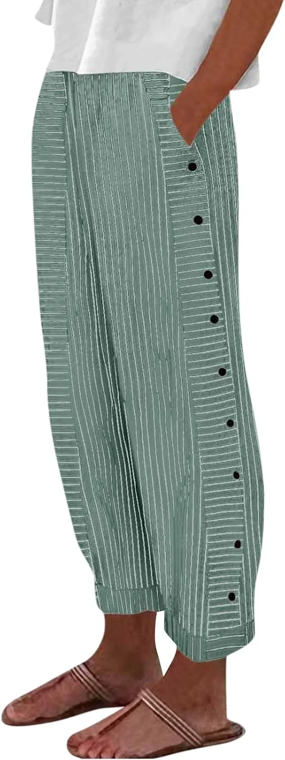 Striped Linen Pants Women Elastic High Waisted Cropped Pants Side Button Summer Vacation Capri Pants with Pockets
