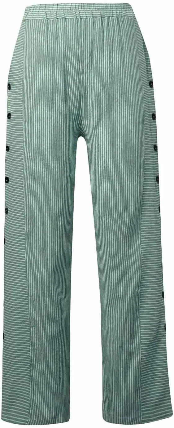 Striped Linen Pants Women Elastic High Waisted Cropped Pants Side Button Summer Vacation Capri Pants with Pockets