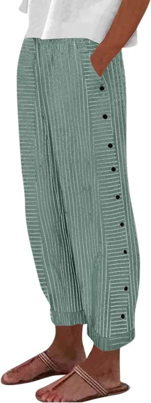 Striped Linen Pants Women Elastic High Waisted Cropped Pants Side Button Summer Vacation Capri Pants with Pockets