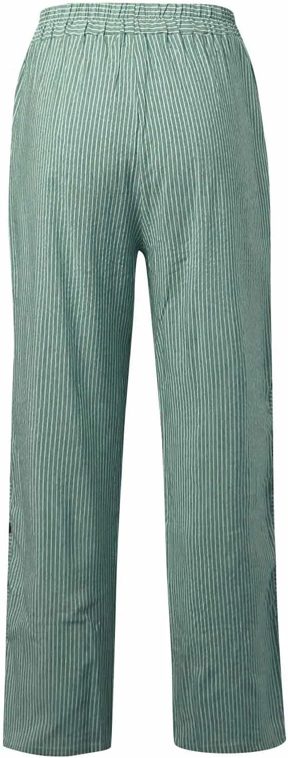 Striped Linen Pants Women Elastic High Waisted Cropped Pants Side Button Summer Vacation Capri Pants with Pockets